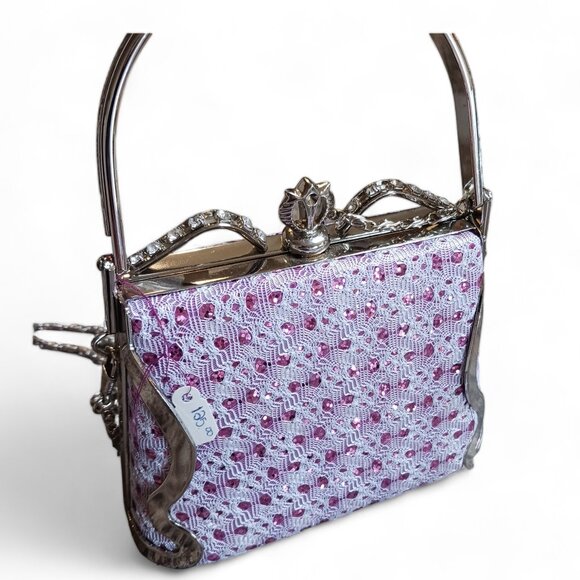 Pink Sequin White Lace Princess Two Way Evening Mini Hand Bag Crossbody - Picture 5 of 14